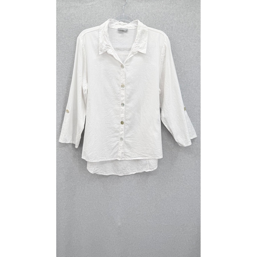 Habitat Button Down Shirt Women Large White Linen Cotton Roll Tab 3/4 Sleeve